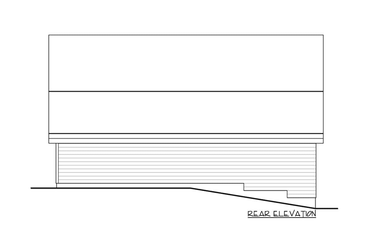 Rear elevation drawing of a house plan showing horizontal siding and stepped foundation.