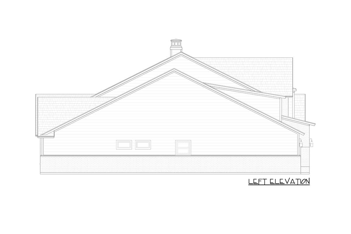Left elevation drawing of a house with varied rooflines, a prominent gable, and horizontal siding.