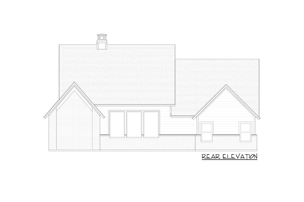 Rear elevation house plan: Gabled rooflines, chimney, brick base, and varied window configurations.