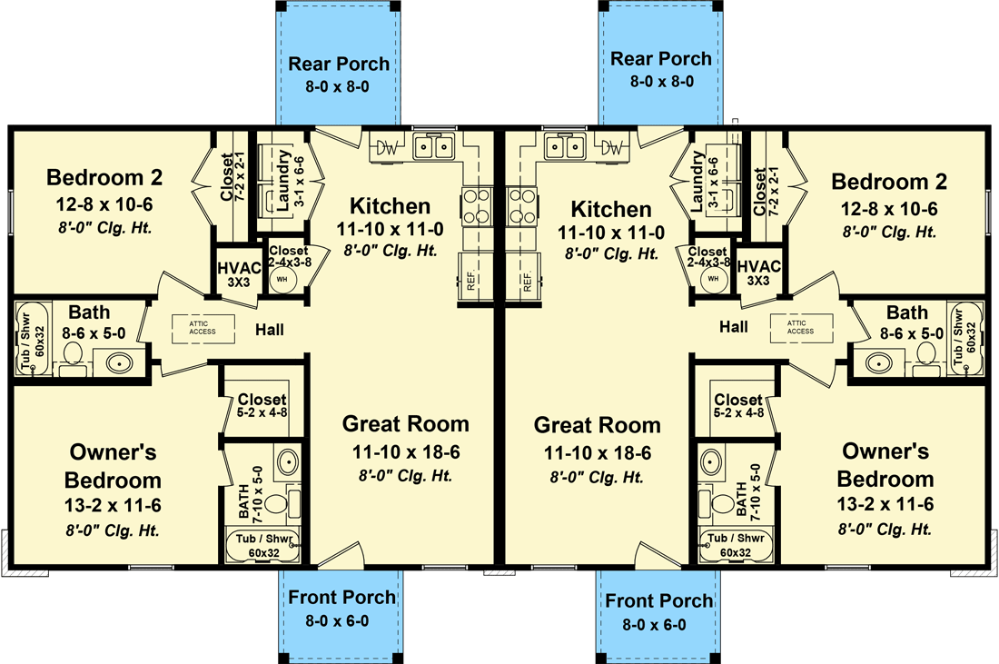 Plan 51200MM: Duplex with 2 Bed 898 Square Foot Units - Floor Plan - Main Level - Country, Ranch, Traditional, Vacation