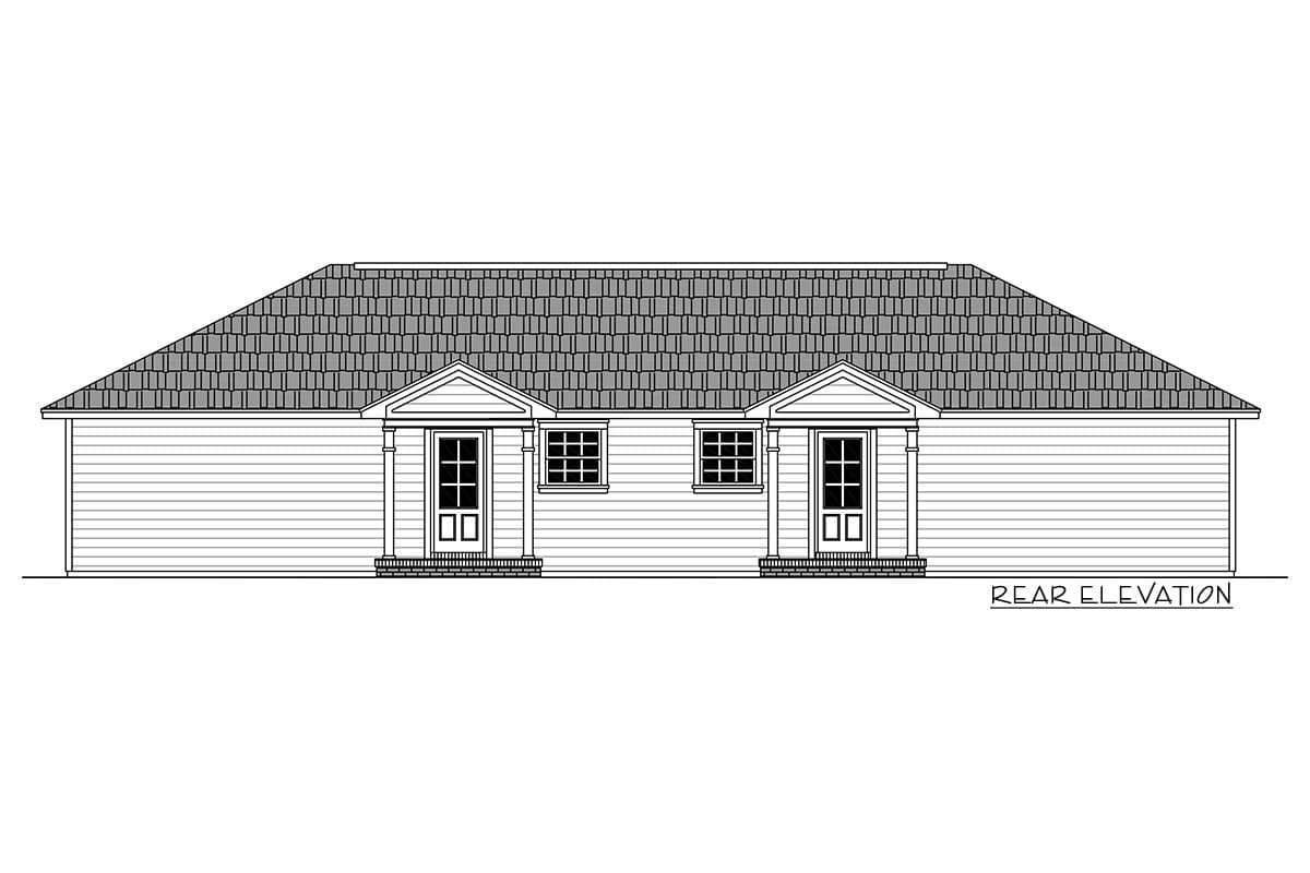 Rear elevation of a one-story house plan showing two symmetrical doors with gabled porticos and two windows in between.