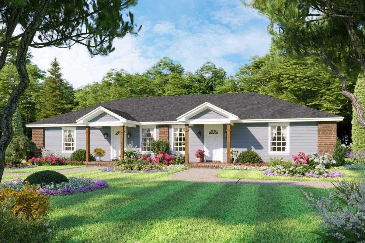 House plan exterior. Ranch style, one-story home with gabled porch roof and brick accents. Features include columned entryways and multiple windows.