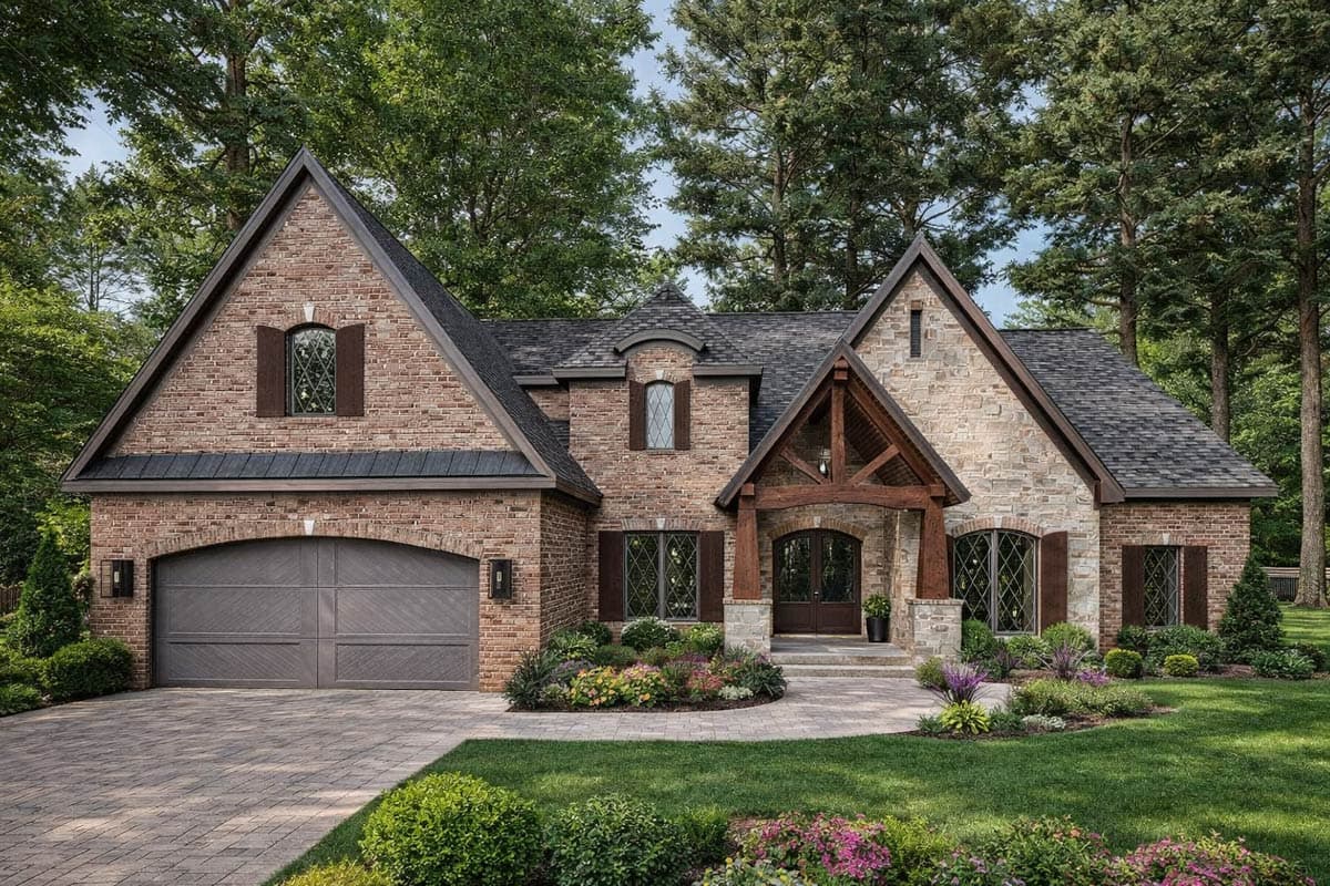 House plan exterior with brick and stone facade, prominent gables, wood-framed entry, and arched garage door.