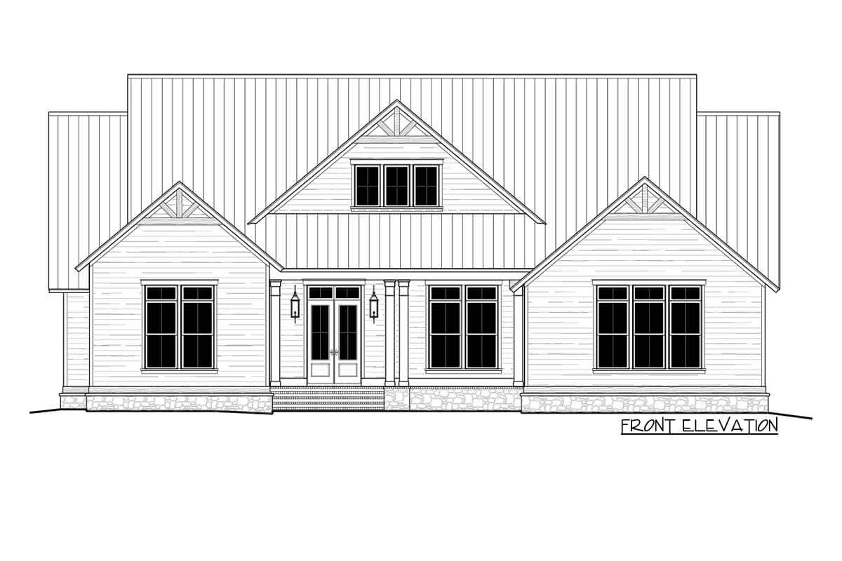 Front elevation drawing of a one-story house plan with a central gable, double front doors, and stone foundation.