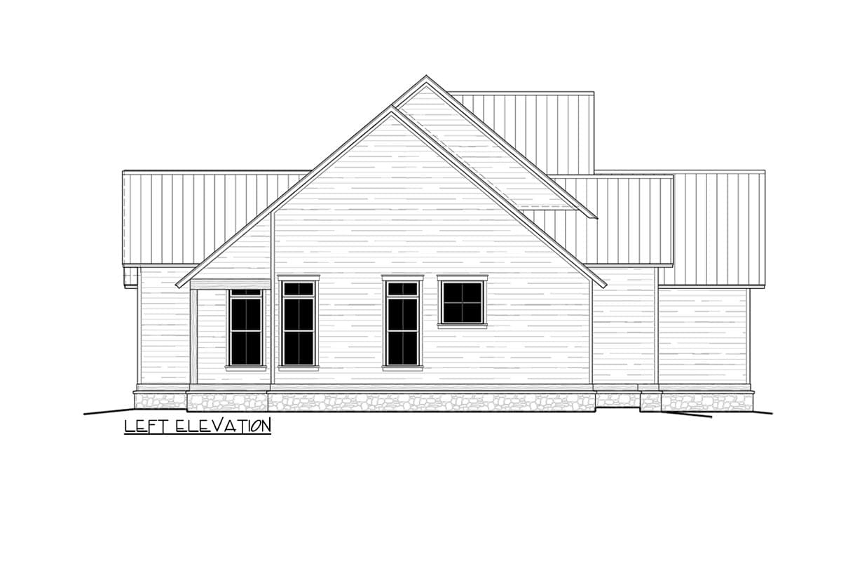 Left elevation house plan with gabled roof, wood siding, stone foundation, and multiple windows.