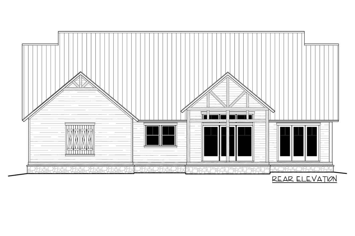 Rear elevation of a house plan featuring a gabled roofline, large sliding glass doors, and a stone foundation.