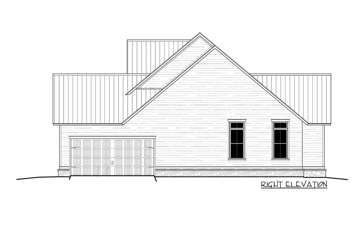 House plan right elevation showing a garage, horizontal siding, and intersecting gable and shed rooflines with metal roofing.