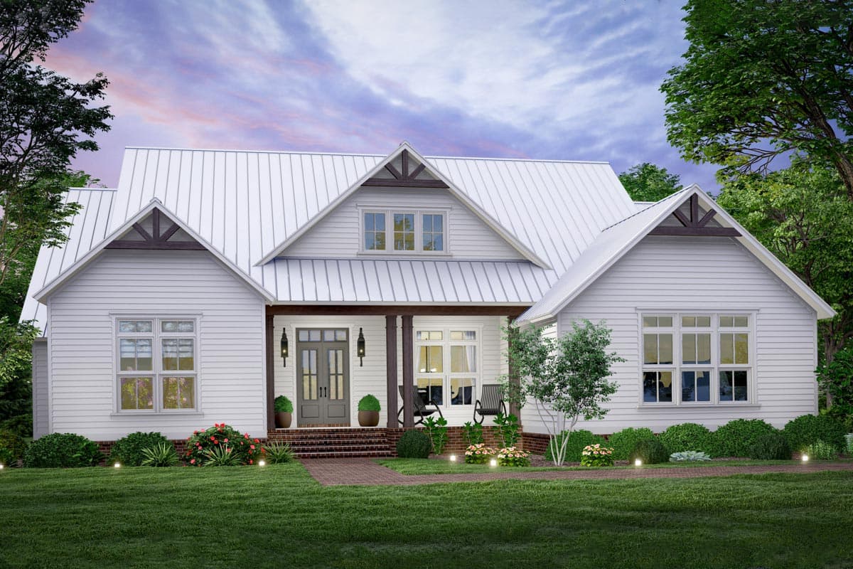 Modern Farmhouse house plan exterior with a metal roof, gables with exposed rafter tails, and a covered front porch.
