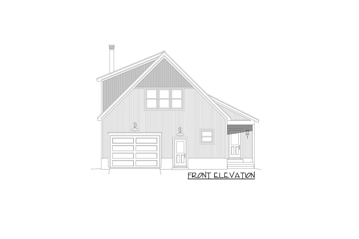 Front elevation house plan showing a two-story home with a sloped roof, gabled dormer, attached garage, and covered front porch.