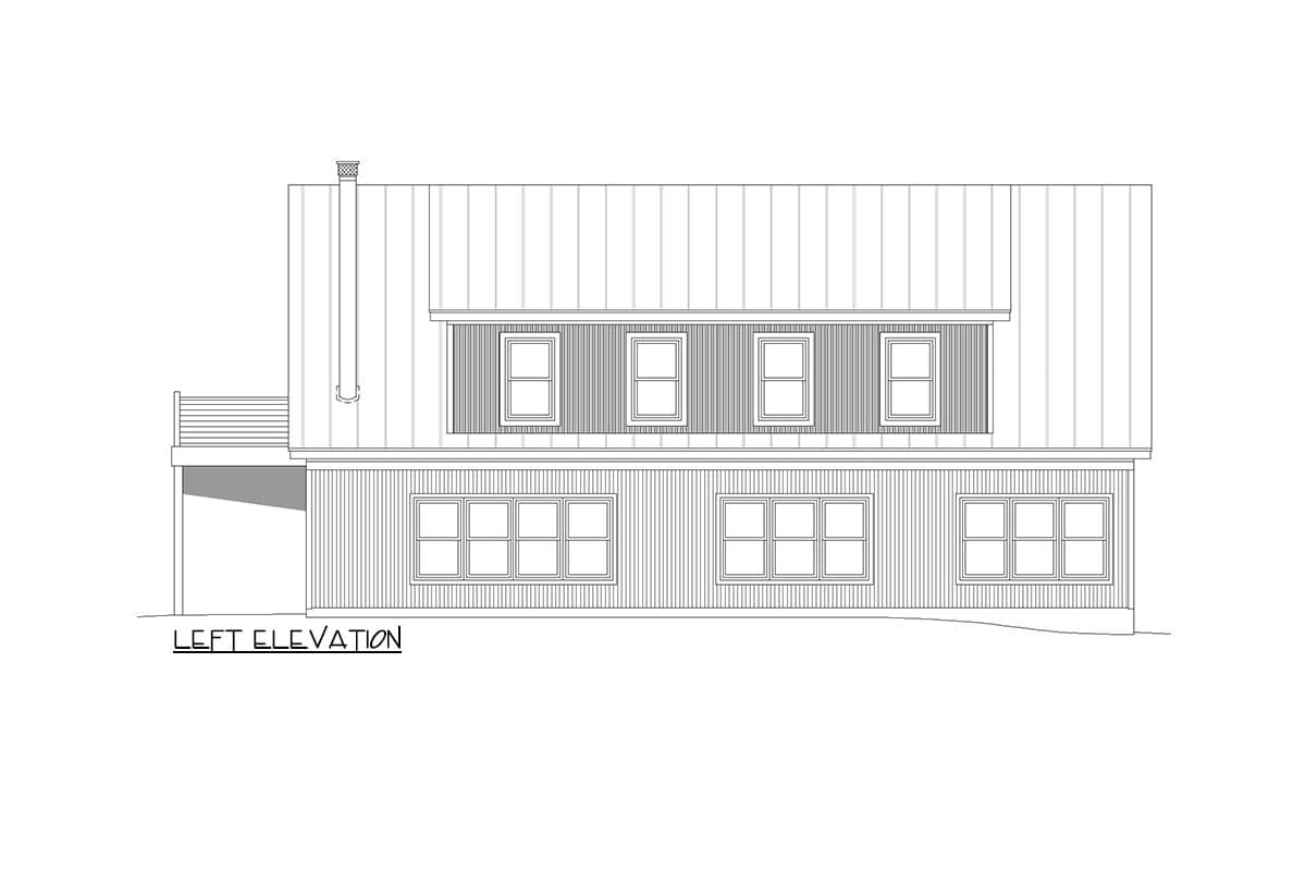 Left elevation drawing of a two-story house plan with multiple windows and a prominent metal roof.