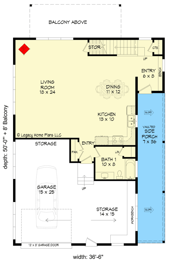 Plan 68976VR: 1-Bedroom Home Plan with Upstairs Balcony and Long Side Porch - 2139 Sq Ft - Floor Plan - Main Level - Country, Mountain, Rustic