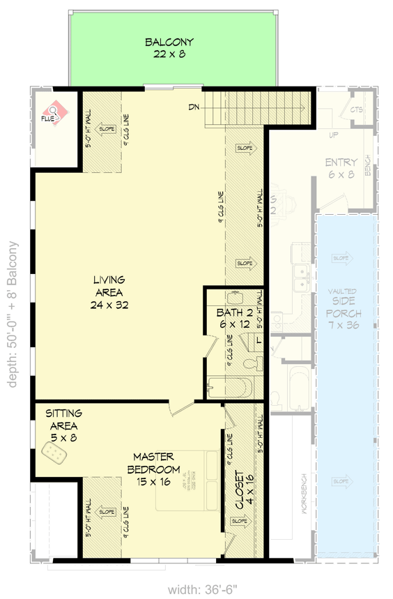 Plan 68976VR: 1-Bedroom Home Plan with Upstairs Balcony and Long Side Porch - 2139 Sq Ft - Floor Plan - 2nd Floor - Country, Mountain, Rustic