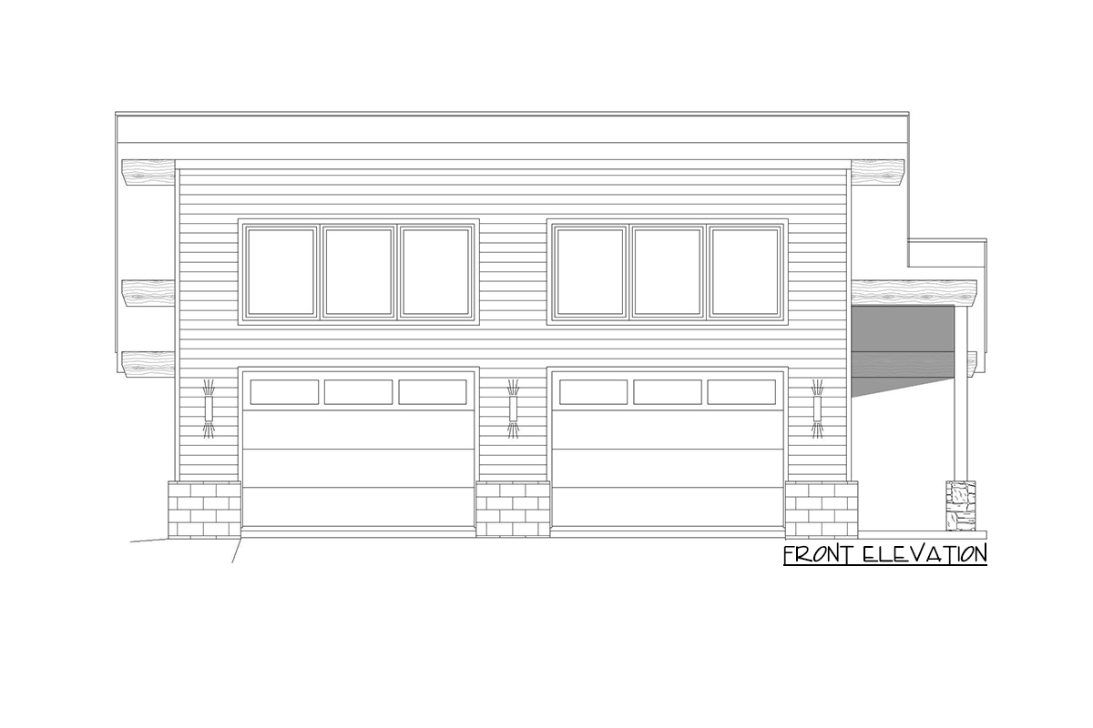 Front elevation drawing of a two-story house plan with a double garage, horizontal siding, and a covered porch.