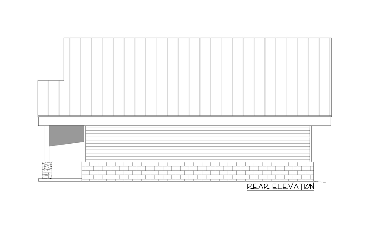 Rear elevation drawing of a house plan with a metal roof, horizontal siding, and a brick foundation.