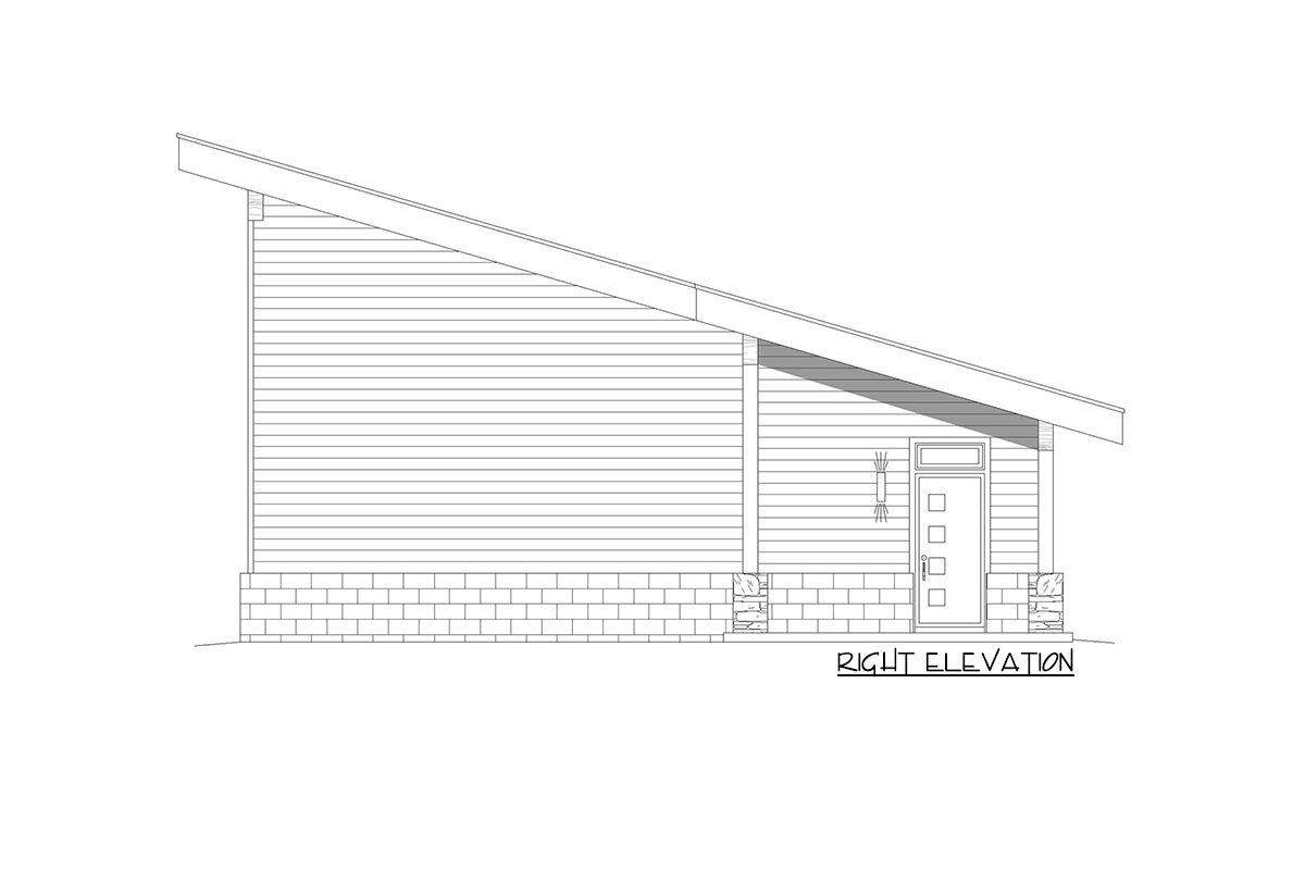 Right elevation drawing of a house with a shed roof, horizontal siding, and a stone base around the entrance.