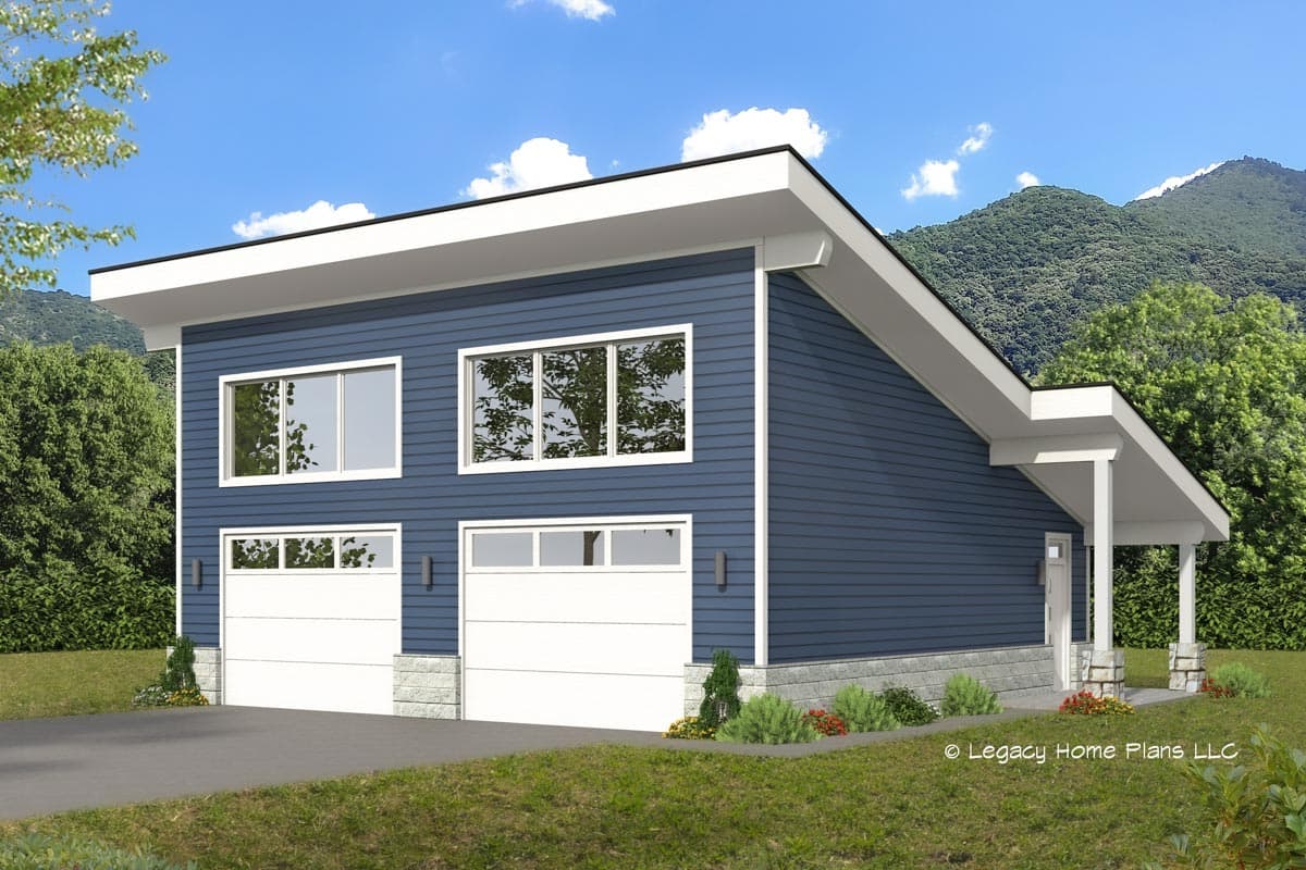 House plan exterior with two-car garage, low-slope roof, and covered porch. Features include horizontal siding, large windows, and an angled roofline.