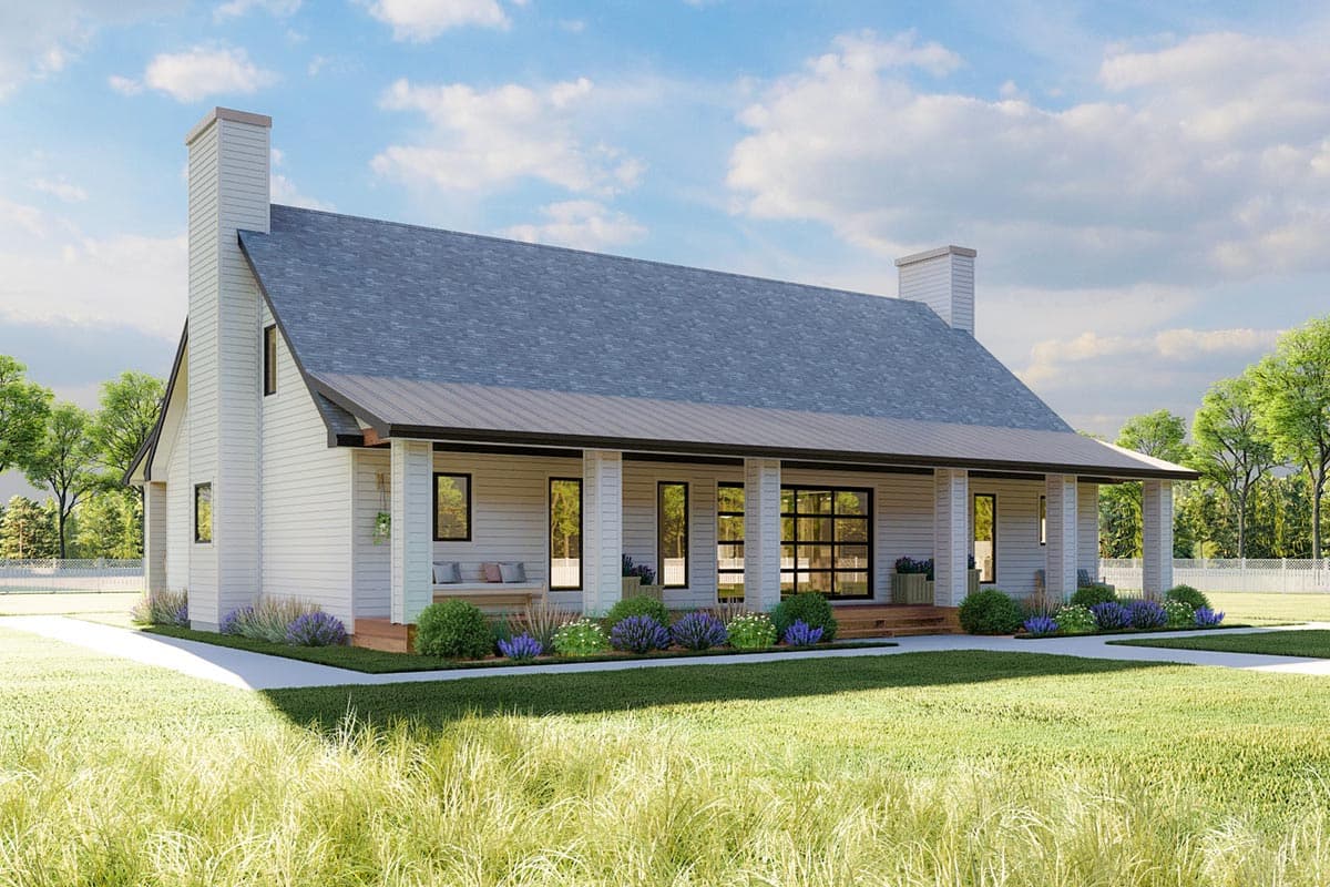 House plan exterior. A single-story modern farmhouse with a covered porch supported by columns. Features include a gabled roof and a glass door.