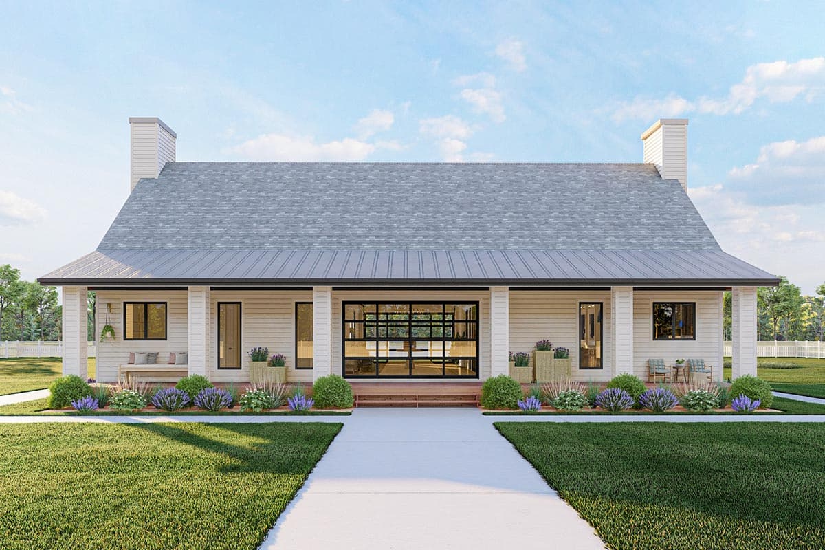 House plan exterior: Modern Farmhouse style, one story, wide covered porch, metal roof, and a large glass garage door.