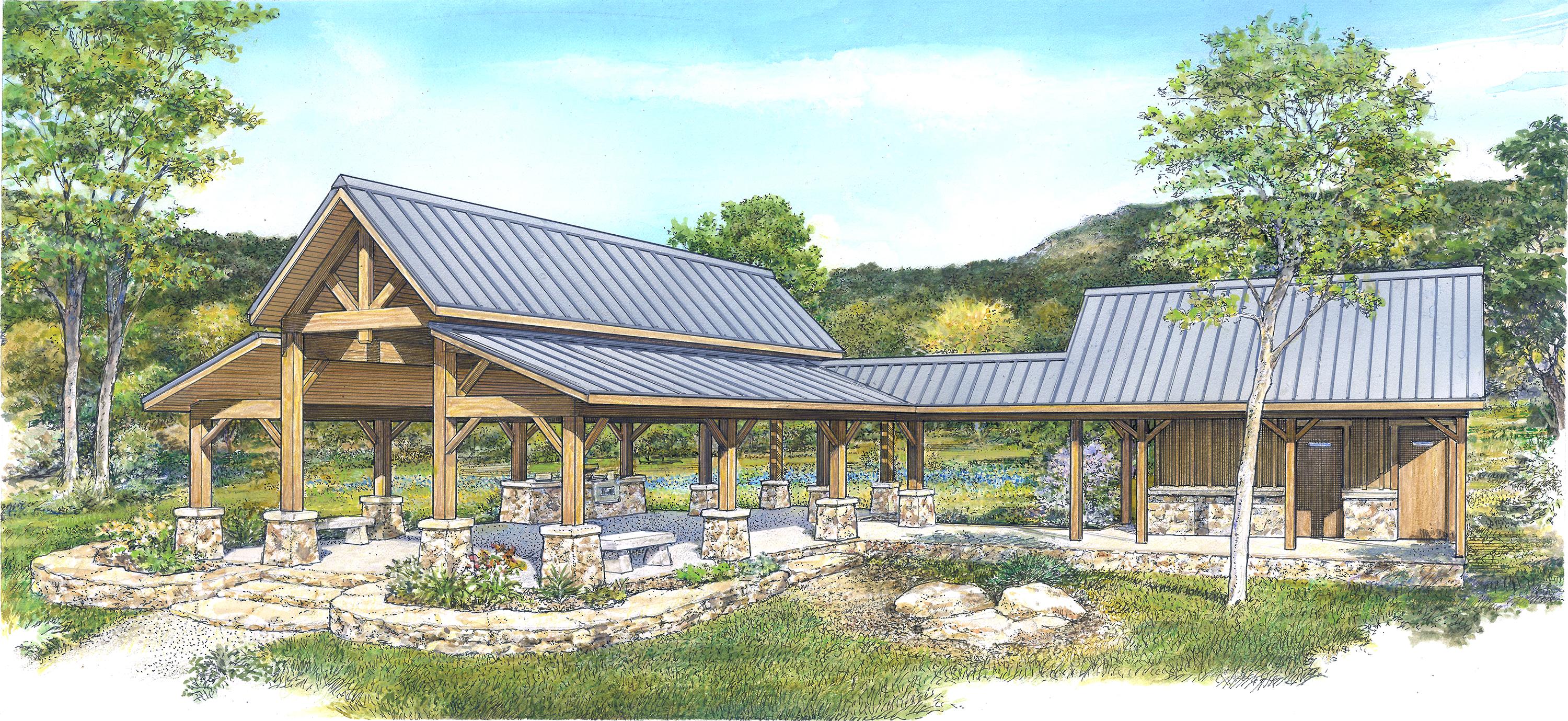 House plan exterior with open timber frame, metal roof, and stone-clad piers. Features include an outdoor kitchen area and a stone walkway.