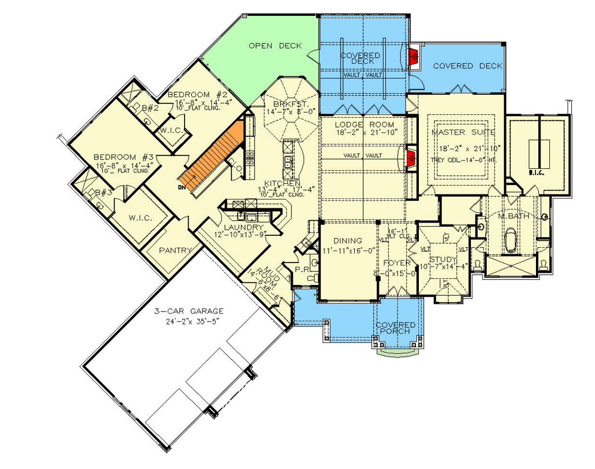 Plan 25713GE: Contemporary Craftsman House Plan with Angled Garage and Optional Lower Level - 3813 Sq Ft - Floor Plan - Main Level - Craftsman, Mountain, New American, Rustic