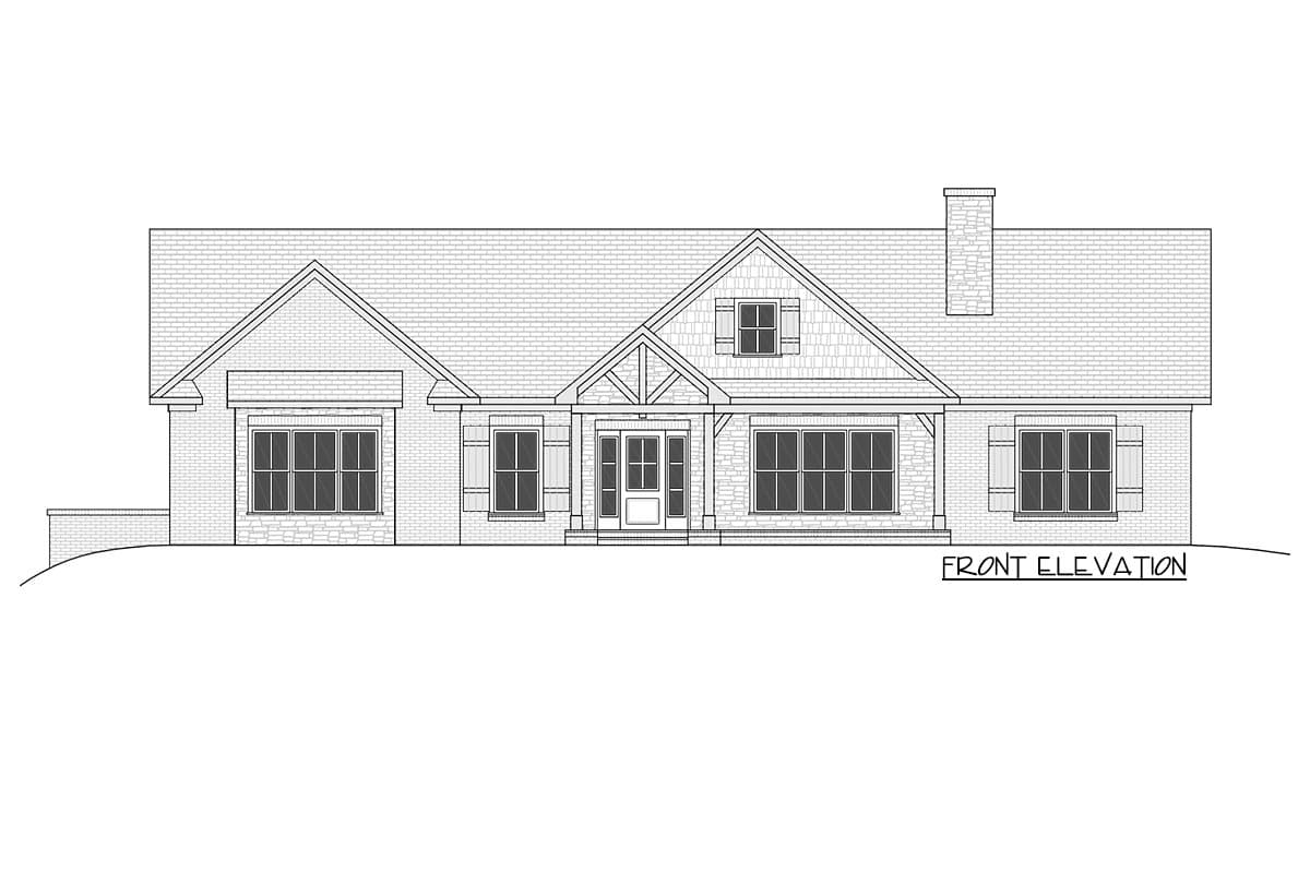 Front elevation house plan with gabled roof, stone accents, covered entry with timber framing, and dormer.