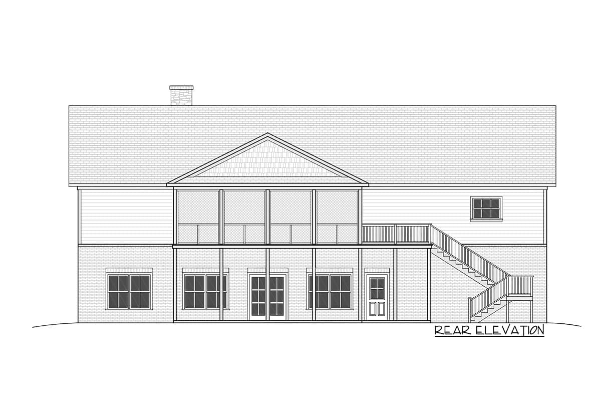 Rear elevation drawing of a two-story house with brick lower level, siding upper level, screened porch, deck, and stairs.
