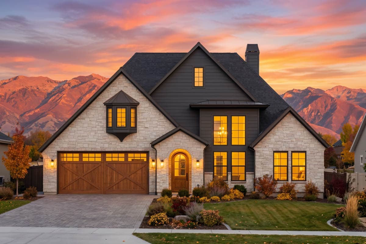 Two-story Modern Farmhouse exterior with stone accents, a prominent gable, bay window, and wood garage doors.