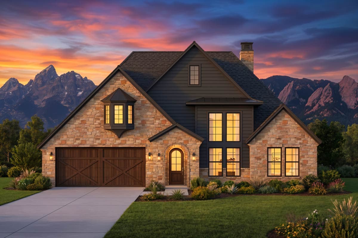 House plan exterior: Two-story home with stone facade, prominent gable, bay window, arched entry, and wood garage doors.