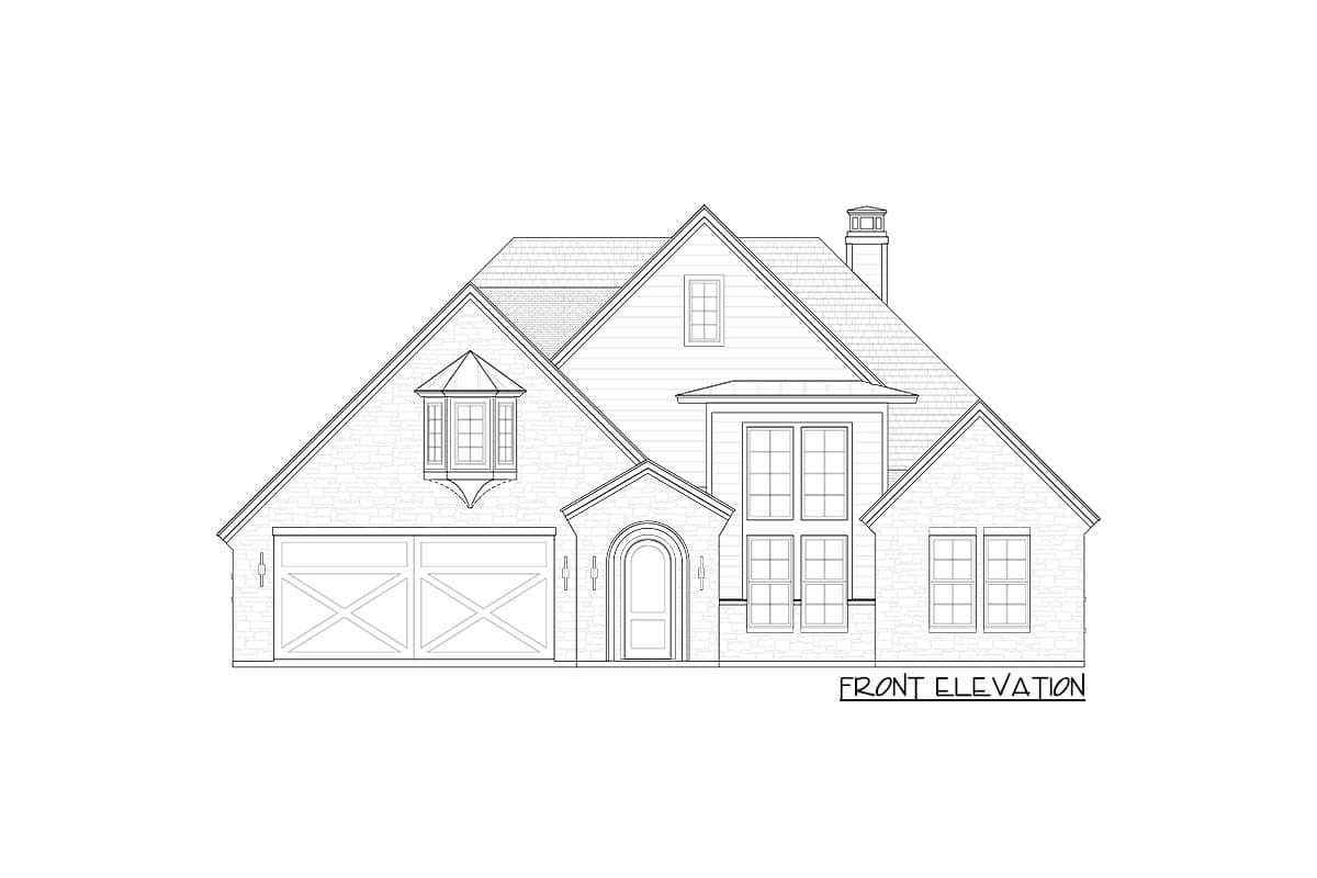 Front elevation of a two-story house plan featuring stone accents, a bay window, an arched entry, and a two-car garage.
