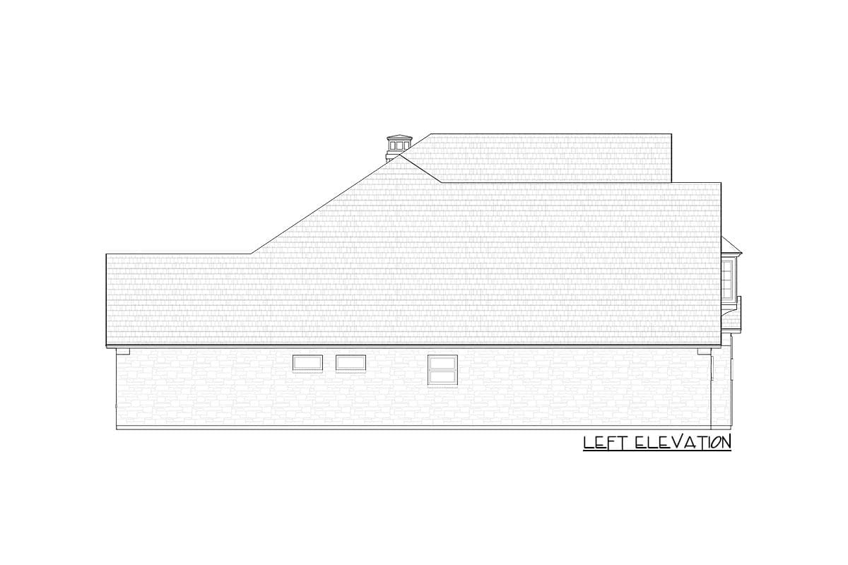 Left elevation of a house plan. Shows a stone base, multiple gables, and a dormer window.