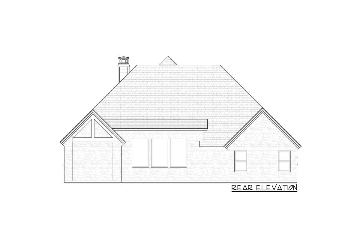 Rear elevation drawing of a house plan featuring a prominent gable with exposed rafter tails, multiple windows, and a brick facade.