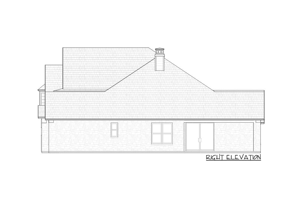 Right elevation drawing of a house plan showing gabled roof, chimney, windows, and sliding doors.