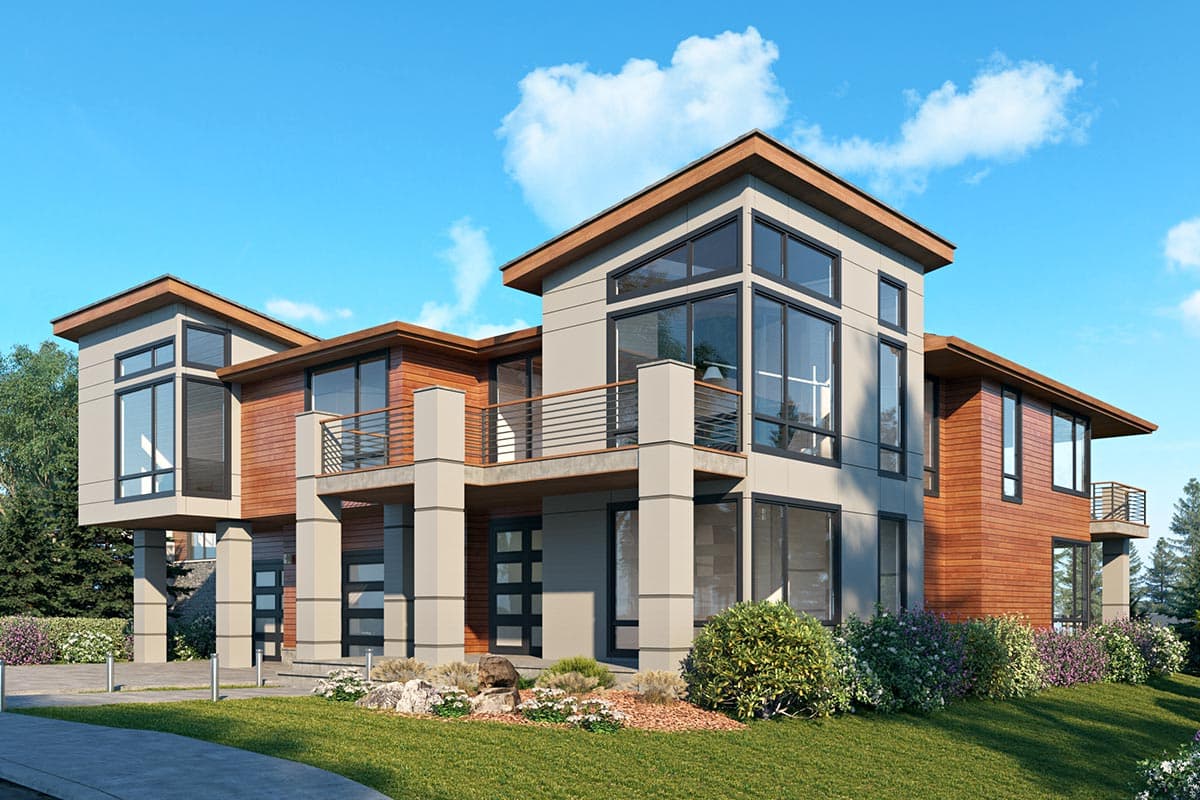Modern house plan exterior with wood paneling, large windows, balconies, and flat rooflines.