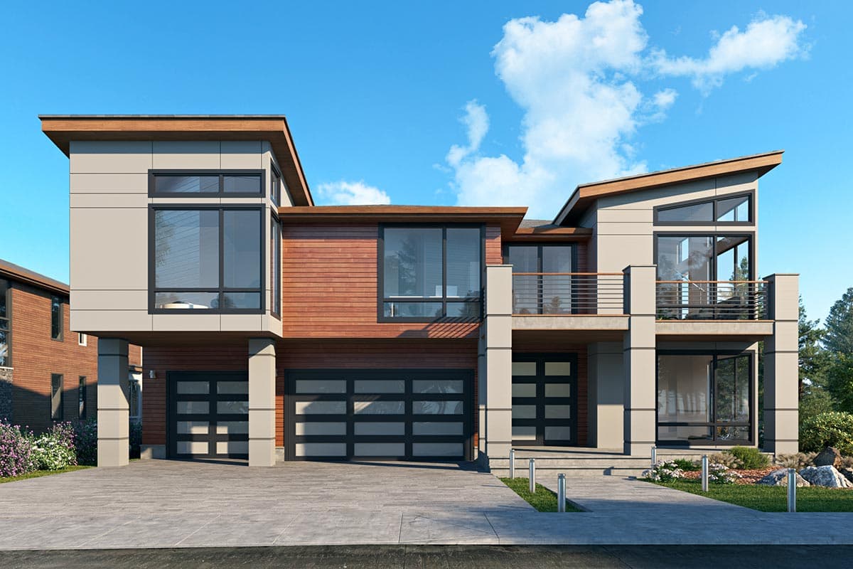 House plan exterior. Modern style, two-story home with flat and angled rooflines. Features include balcony, wood siding, and two-car garage.
