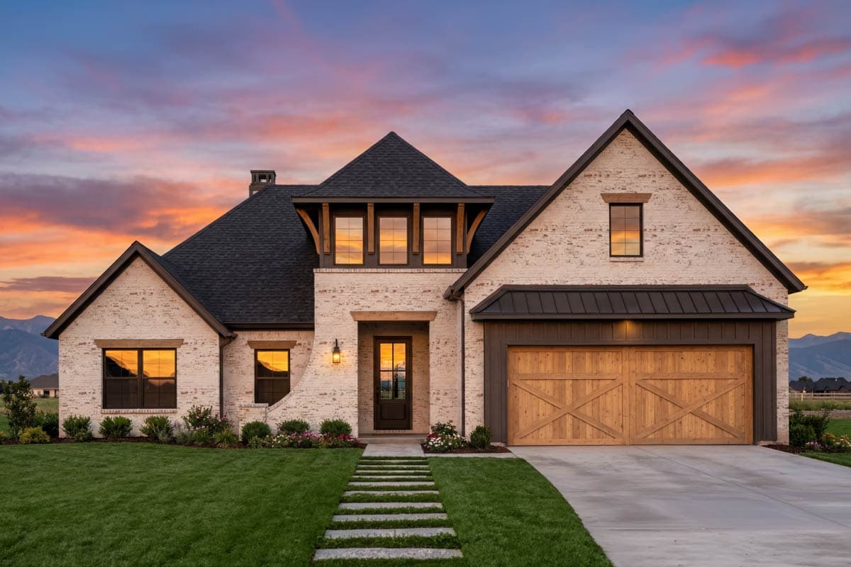 House plan exterior: White brick facade, gabled roof, dormer with three windows, and a two-car garage with wooden doors.