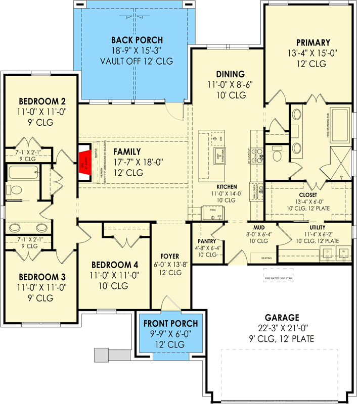 Plan 818007JSS: One-Story Split Bedroom Transitional Tudor Home Plan - Floor Plan - Main Level - Country, European, French Country, Transitional