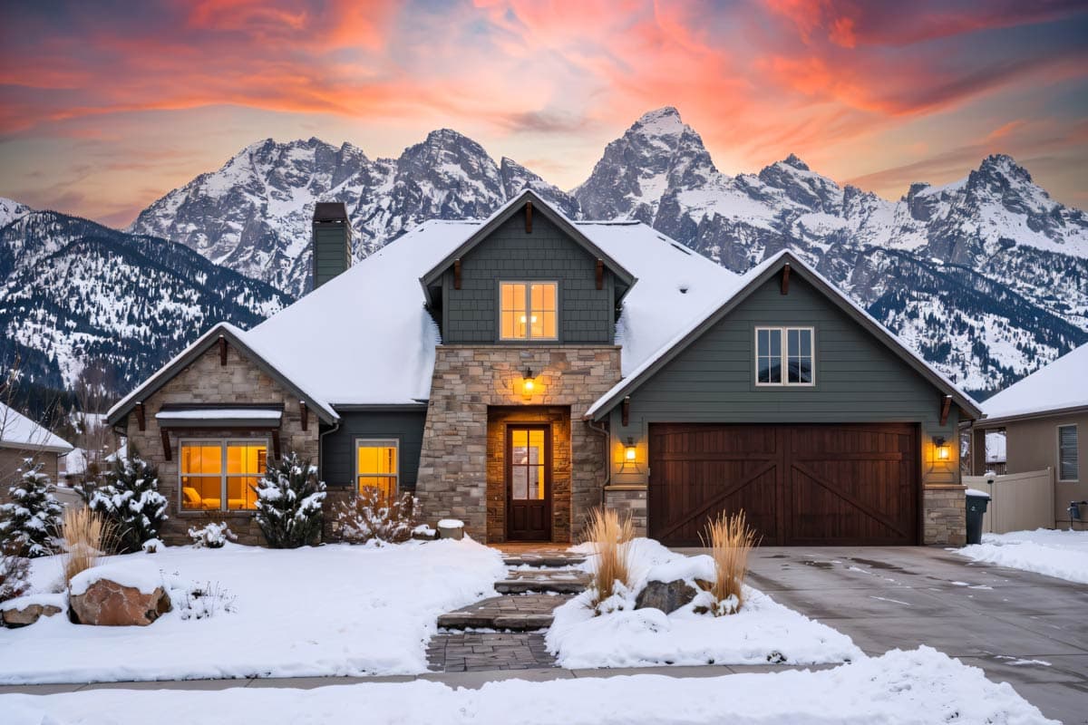 House plan exterior: Modern Farmhouse style, two stories, stone accents, gabled dormers, and wood garage door.