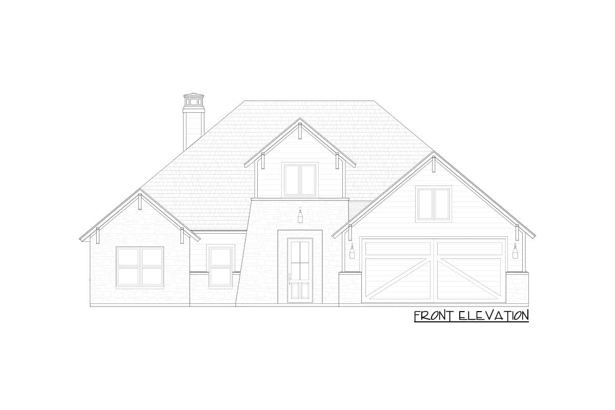 Front elevation house plan drawing with stone accents, prominent gables, dormer, and attached garage.