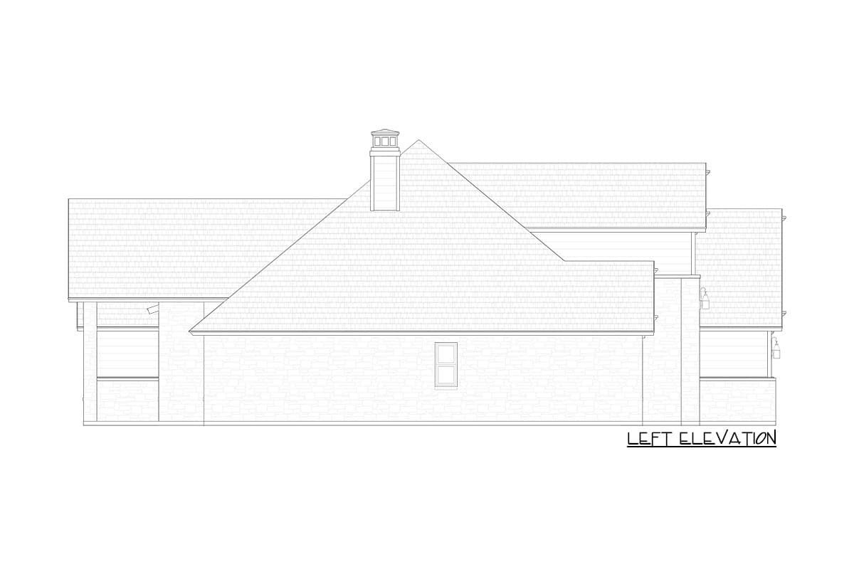 Left elevation house plan showing pitched roof, chimney, stone facade, and gabled dormers.