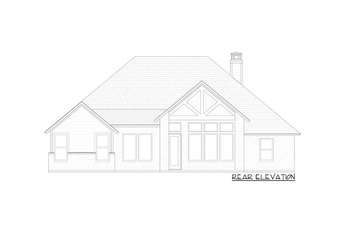 Rear elevation house plan with a prominent gable, large window grouping, and a brick base.