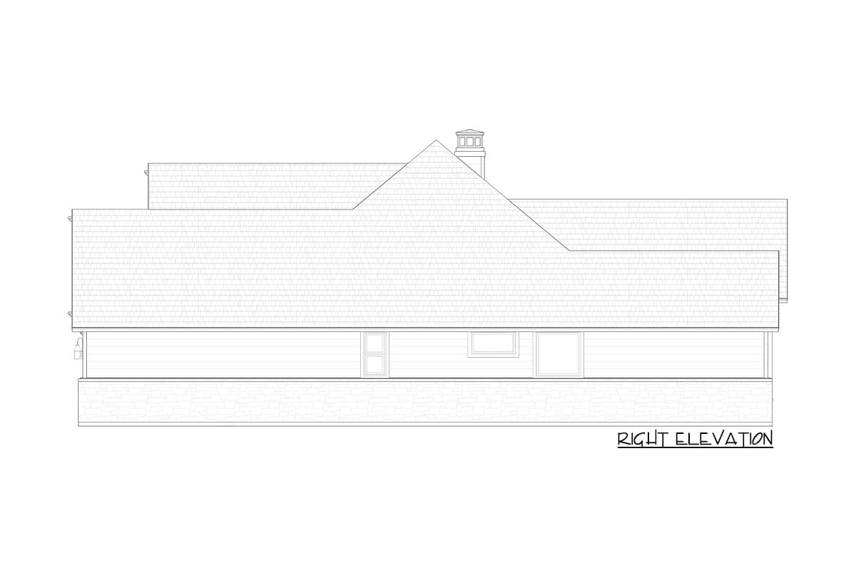 House plan right elevation showing a pitched roof, gabled dormer, horizontal siding, and a brick foundation with several windows.