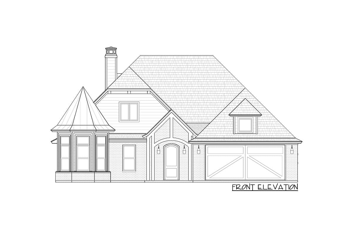Front elevation house plan with a turreted bay window, gabled dormer, and a two-car garage.