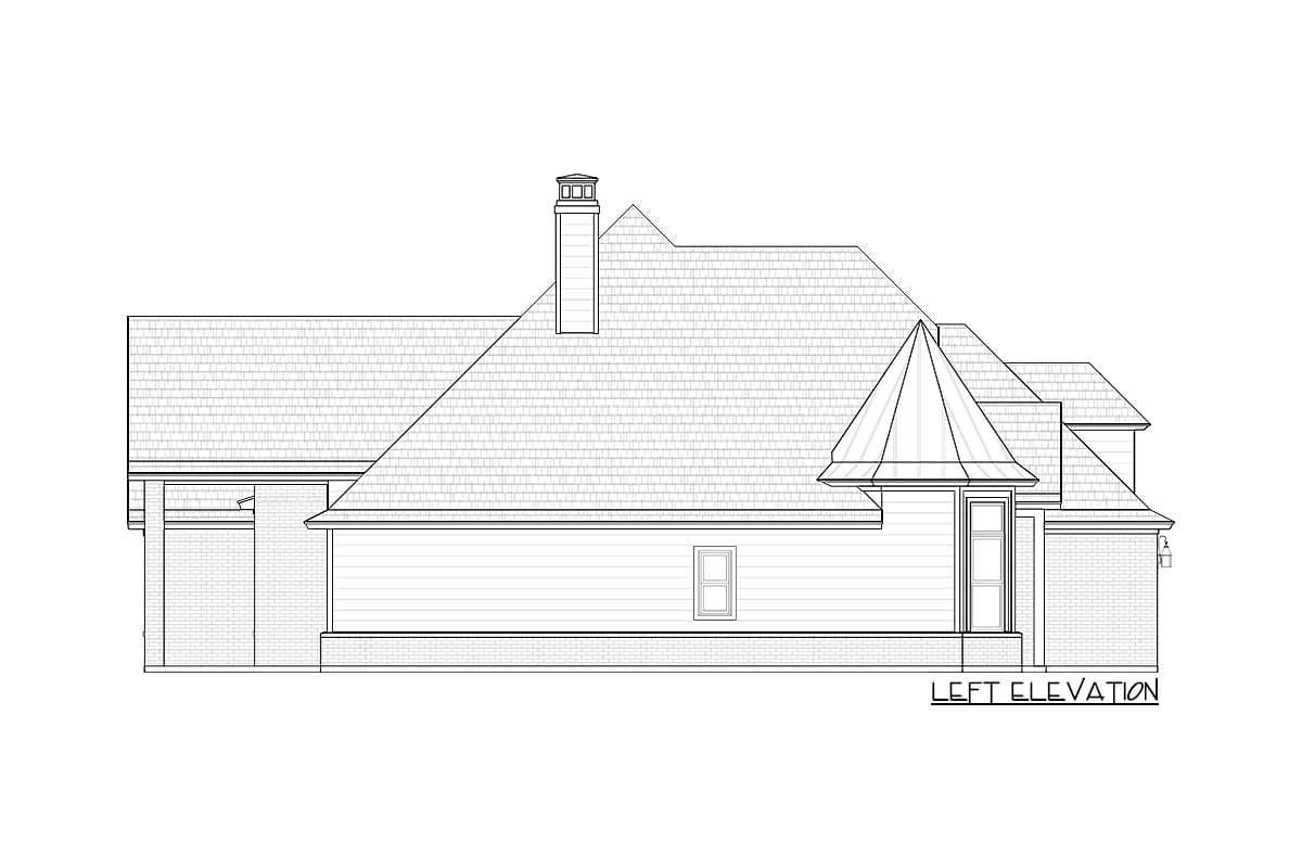 House plan left elevation showing a hip roof, chimney, gable dormer, and bay window with a conical roof.