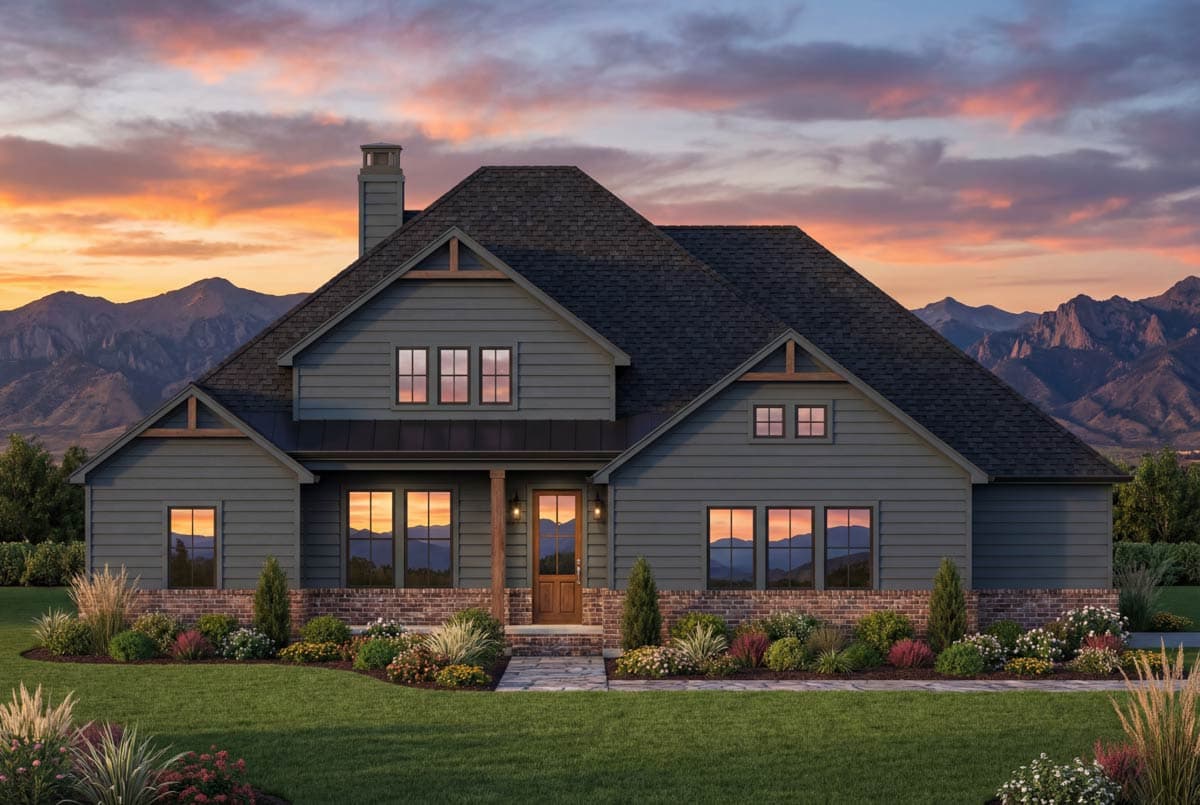 Modern Farmhouse style house plan exterior with a covered front porch, gables, brick accents, and large windows.