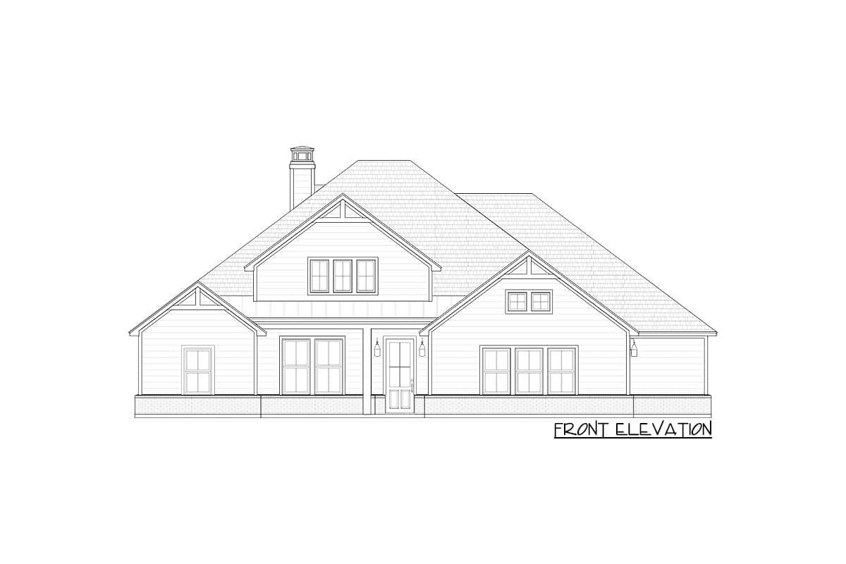 Front elevation drawing of a one-story house plan with gabled dormers, a covered porch, and a chimney.