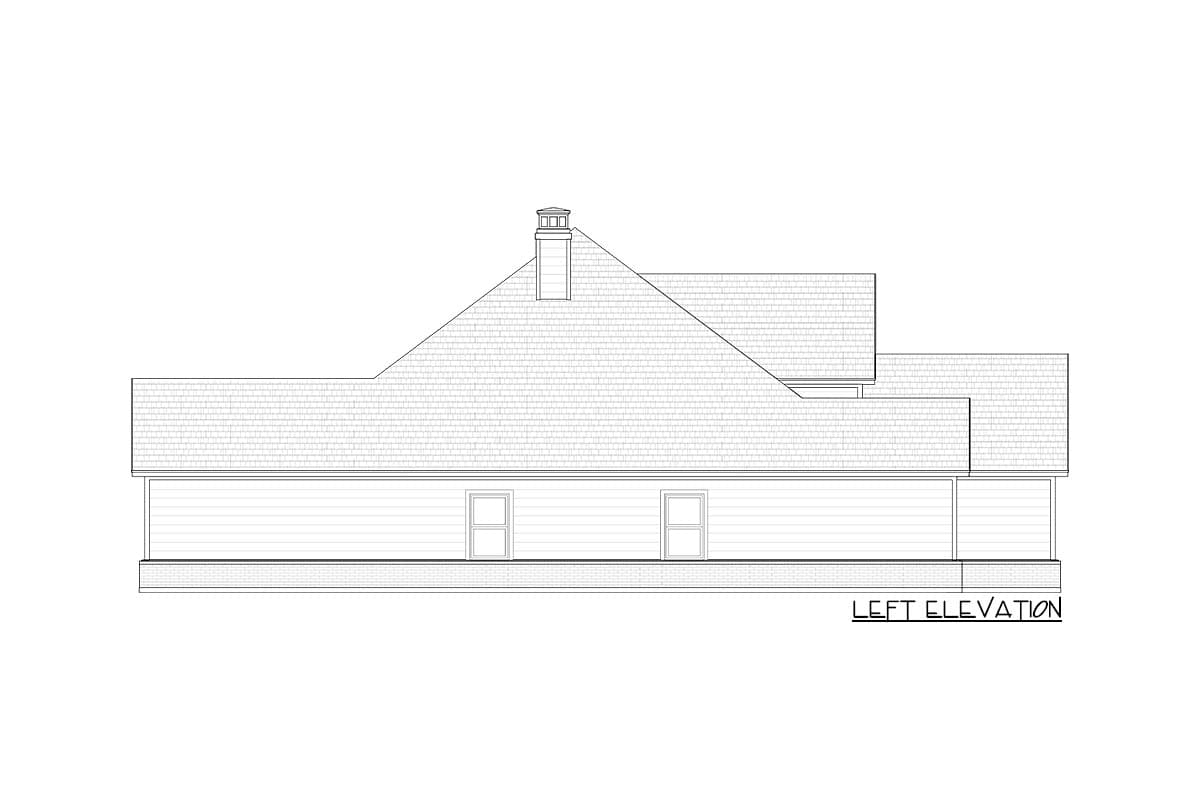 Left elevation house plan showing a gabled roof, chimney, horizontal siding, and two windows.