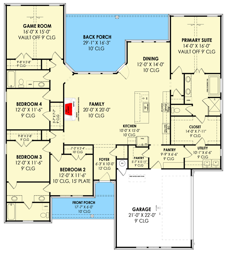 Plan 818010JSS: Split-bed Craftsman Ranch Plan with Game Room - Floor Plan - Main Level - Craftsman, New American, Ranch