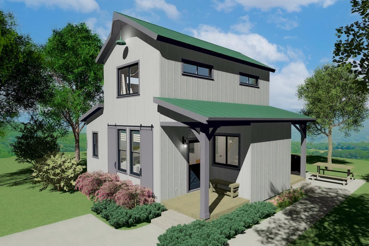 Modern Farmhouse house plan exterior, two stories, with gables, covered porch, and vertical siding.