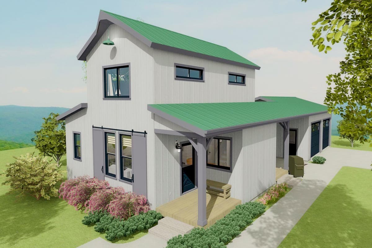 Modern farmhouse house plan exterior, two stories, with green metal roof, gabled dormers, porch, and three-car garage.