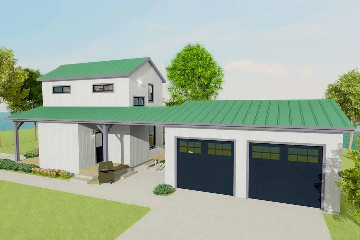 House plan exterior: Two-story modern farmhouse with green metal roof, covered porch, and attached two-car garage.